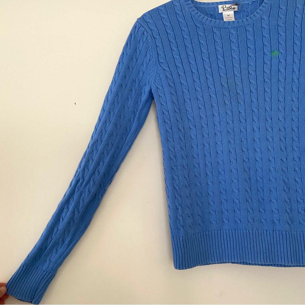 VTG Lilly Pulitzer Cable Knit Crew Neck Sweater Size Medium Blue Preppy Tennis - Picture 6 of 13